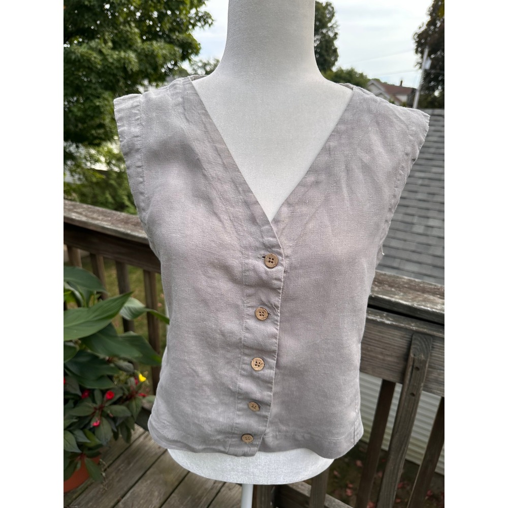 Pou Nou Women Grey 100% Linen Button Down V-Neck Cinch Back Vest Top Size 3